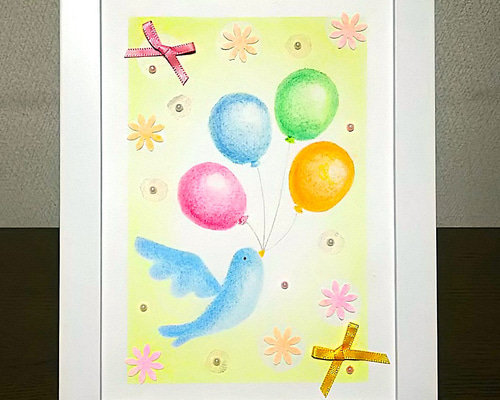 パステルアート 青い鳥と風船 パステル画原画 お祝 プレゼント パステルアート 青い鳥と風船 パステル画原画 お祝 プレゼント