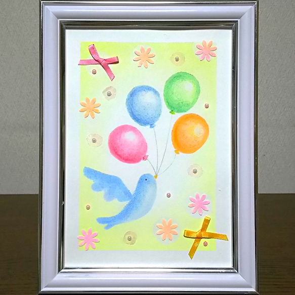 パステルアート　青い鳥と風船　パステル画原画　お祝　プレゼント　ギフト 1枚目の画像