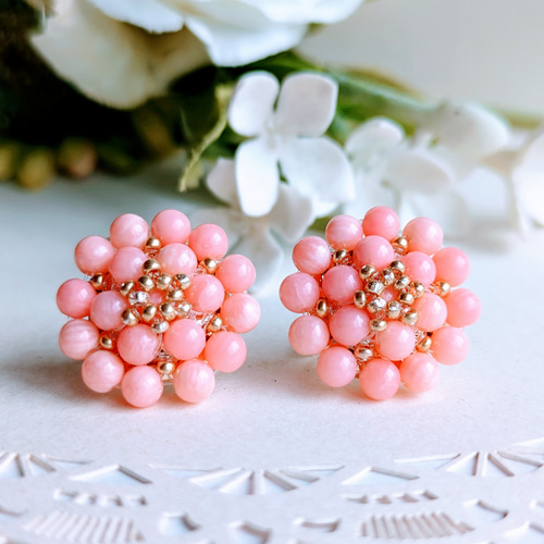 送料無料】《再販》和色～桃色サンゴの可愛いお花のイヤリングorピアス