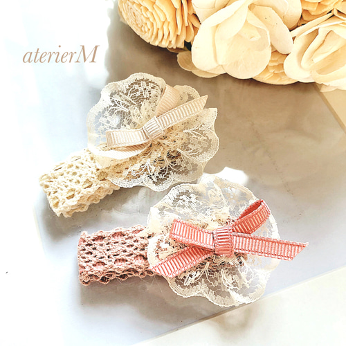 2個セット♪滑り止めつきトーションレースとリボンのヘアクリップ