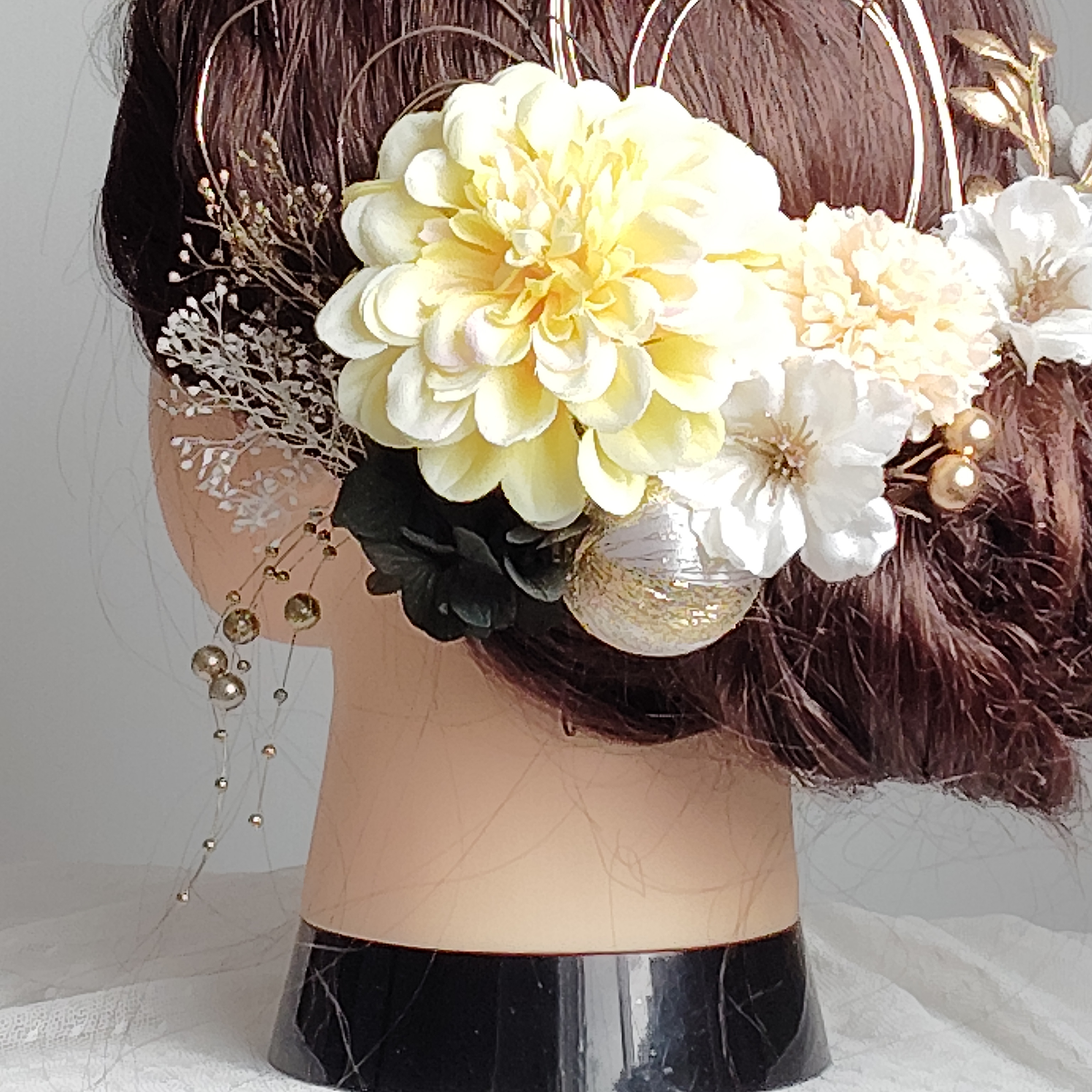 上品ジニアと小花の髪飾り　結婚式　成人式　卒業式　花嫁　和装　白無垢　色打掛　着物　ヘッドドレス　前撮り　振袖　黒　黄色