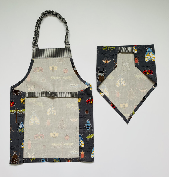 昆虫柄☆こどもエプロン100〜110サイズ、三角巾、巾着の3点セット 3枚目の画像