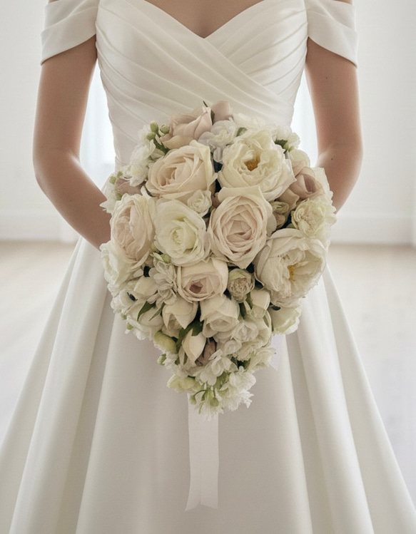 ウェディングブーケ ホワイト 白 アンティーク ティアドロップブーケ