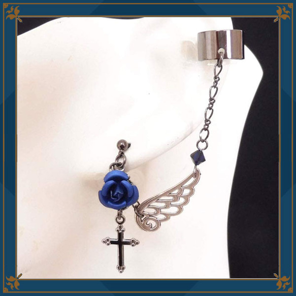 玫瑰 玫瑰羽毛 飛濺羽毛 十字架 藍色 藍色 耳骨夾&amp;耳環/耳環 哥德蘿莉 哥德配件 第1張的照片