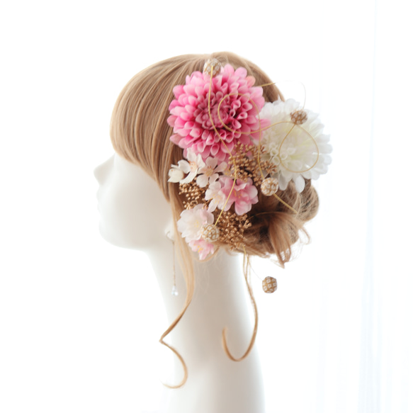 ヘッドドレス　髪飾り　桜　さくら　ダリア　紅白　　ピンク　結婚式　和婚　成人式　卒業式　ウェディング　ブライダル 6枚目の画像