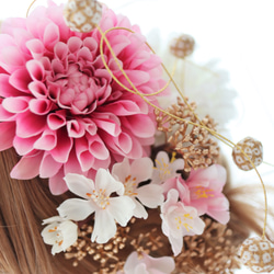 ヘッドドレス　髪飾り　桜　さくら　ダリア　紅白　　ピンク　結婚式　和婚　成人式　卒業式　ウェディング　ブライダル 2枚目の画像