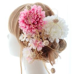 ヘッドドレス　髪飾り　桜　さくら　ダリア　紅白　　ピンク　結婚式　和婚　成人式　卒業式　ウェディング　ブライダル 1枚目の画像