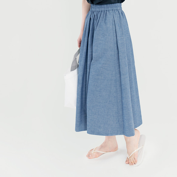 岡山デニム きれいな水色 シャンブレー ギャザー ロングスカート ブルー ●LICO● 7枚目の画像