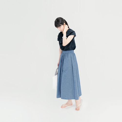岡山デニム きれいな水色 シャンブレー ギャザー ロングスカート