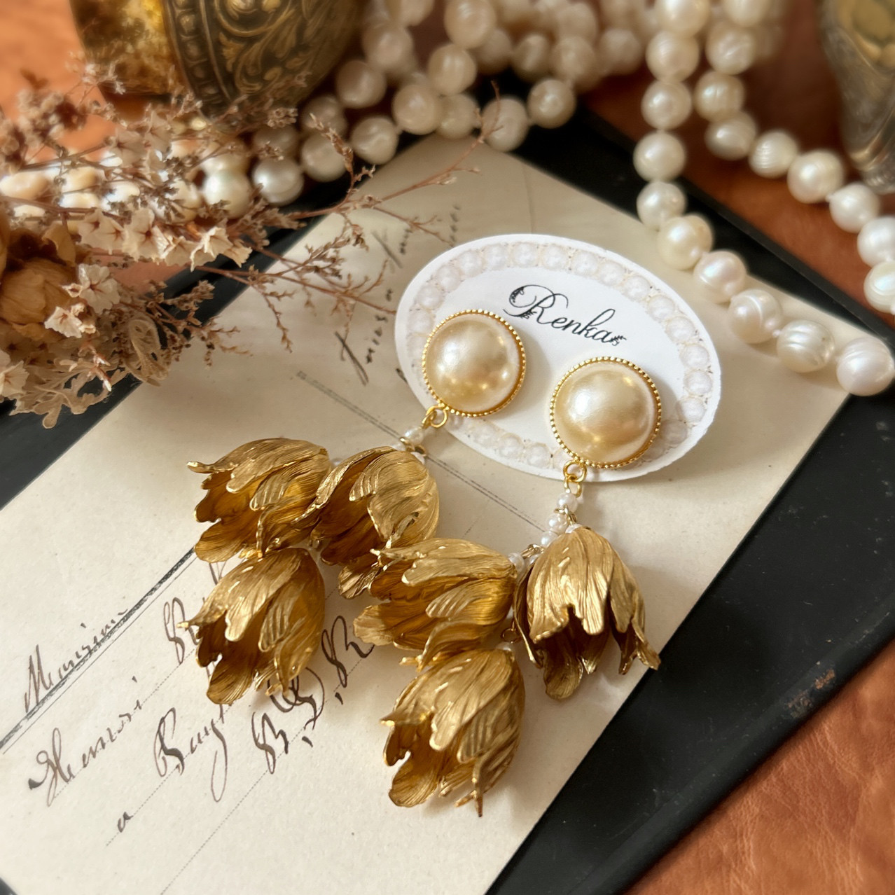 WEDDING･日本ヴィンテージパールとお花の大ぶりピアス【ウェディング･結婚式･花嫁･ブライダル】{RPG-692④｝