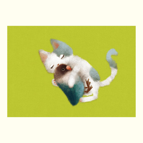 【プチアートフレーム】猫とぬいぐるみインコ 2枚目の画像