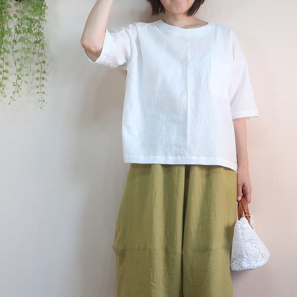 涼感＋ゆったり＋軽い シンプルで上品 オンオフ兼用 胸ポケット付きブラウス（ハーフリネン／全４色）