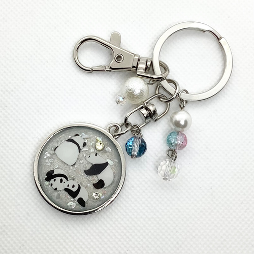 オーダー商品*。パールのおなまえキーホルダー ホワイト☆わいわいパンダのキーホルダー☆LLサイズ☆京都オパール