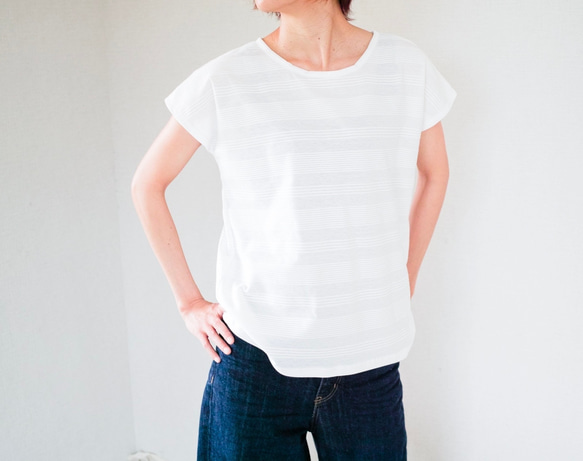 着心地のいいコットンニット*コーデしやすい万能カットソー＊　天然素材＊Tシャツ＊ドルマンスリーブ＊コットン＊ボーダー 1枚目の画像