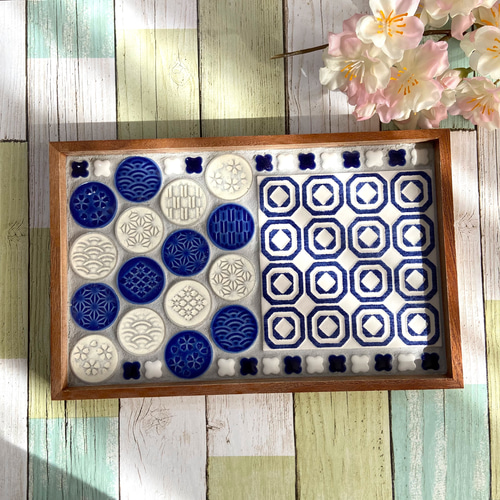 受注制作品】青・和洋柄 タイルカフェトレー...♪*ﾟ お盆・トレイ 