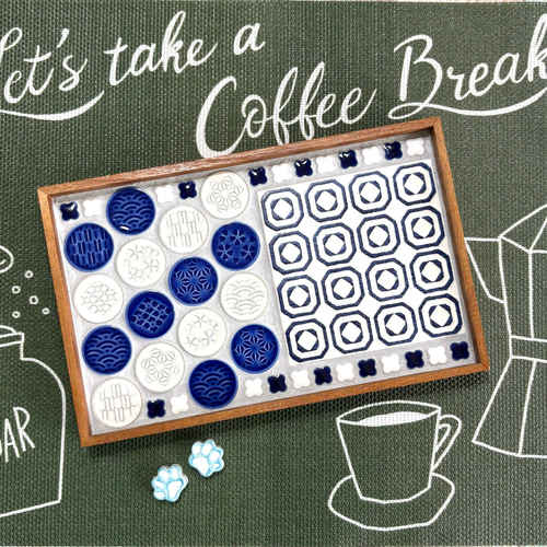 ꫛꫀꪝ✧‧˚青・和洋柄 タイルカフェトレー♪*ﾟ お盆・トレイ