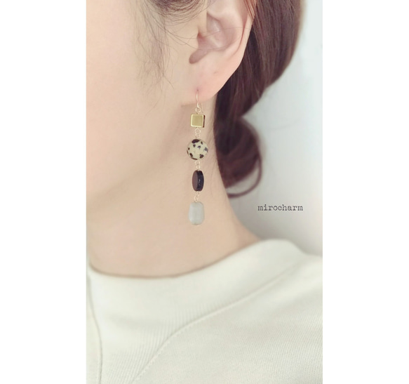 {14Kgf} -mix stone ロングピアス-  gold&black**天然石 5枚目の画像