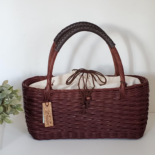 Creema限定] 横長 巾着付き籐かごバッグ (ダークブラウン) オプション