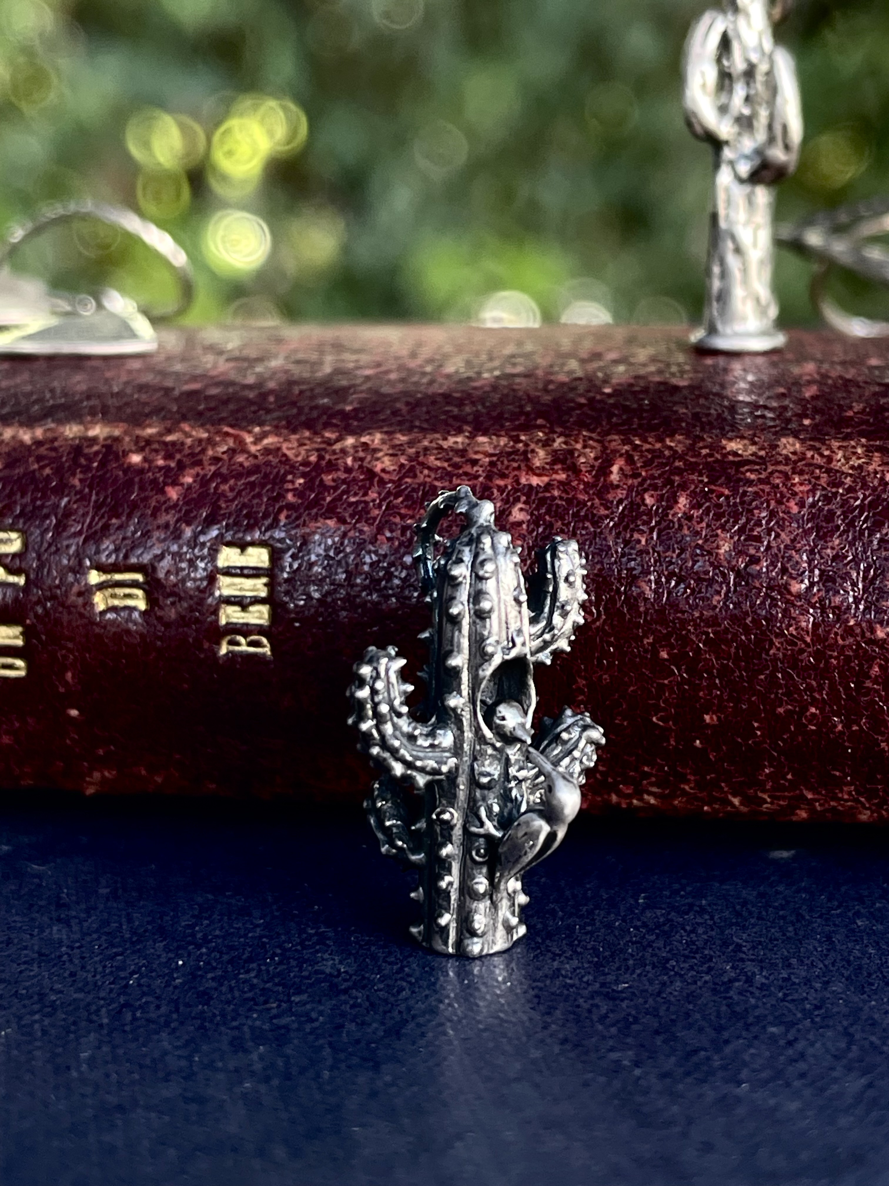 秋の訪れサボテンにサバクシマセゲラ 　ユニーク　個性的　面白　つけっぱなし？　砂漠　鳥　華奢　スターリングシルバー925