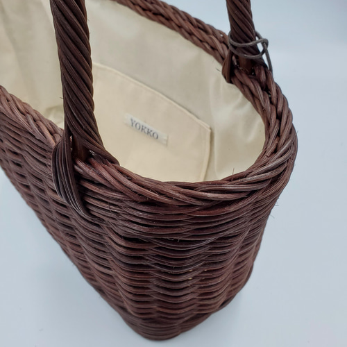 Creema限定] ダークブラウン籐カゴバッグ／内布 蓋布付き かごバッグ