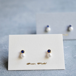 藍色藍寶石（氧化鋯）和珍珠耳環 金 第2張的照片