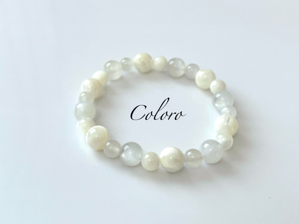 送料無料】☆ホワイトムーンストーン・マザーオブパール☆誕生石☆数珠