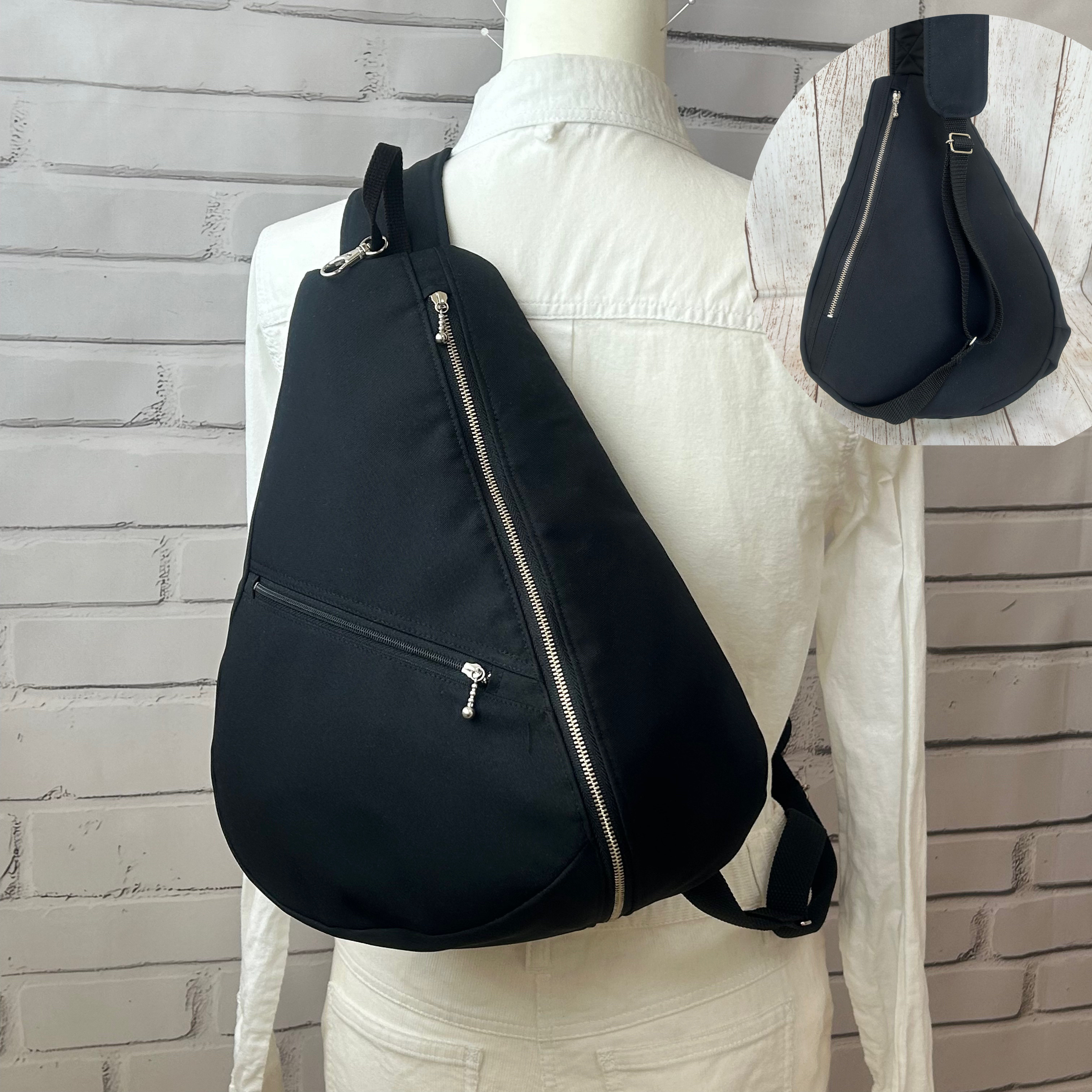 左ききさん 背面ポケット付き　シワになりにくい しずく型ワンショルダーバッグ ボディーバック　通院バック　軽量　黒