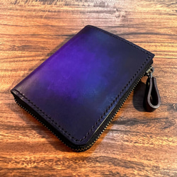 革の手染め- L字ファスナー半財布 /バイオレット（深紫） 1枚目の画像