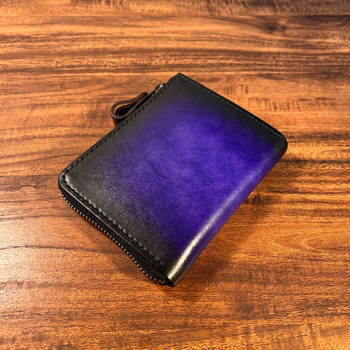 革の手染め- L字ファスナー半財布 /バイオレット（深紫） ミニ財布