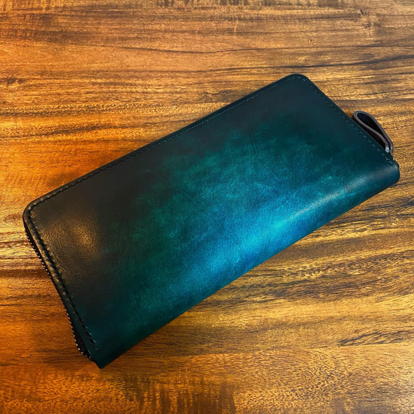 革の手染め- ラウンドファスナー長財布 / グリーン（緑+青） 長財布 革