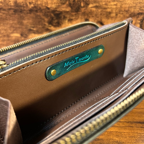 革の手染め- ラウンドファスナー長財布 / グリーン（緑+青） 長財布 革