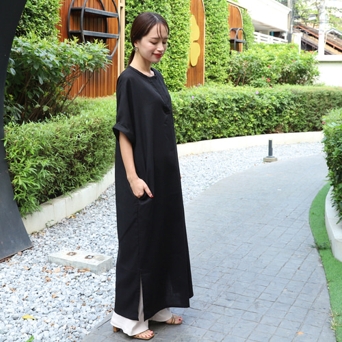 コットンリネン ドルマンタイプのワンピース ブラック 0186BK