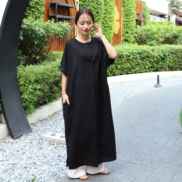 棉亞麻布杜爾曼式連衣裙黑色 第3張的照片