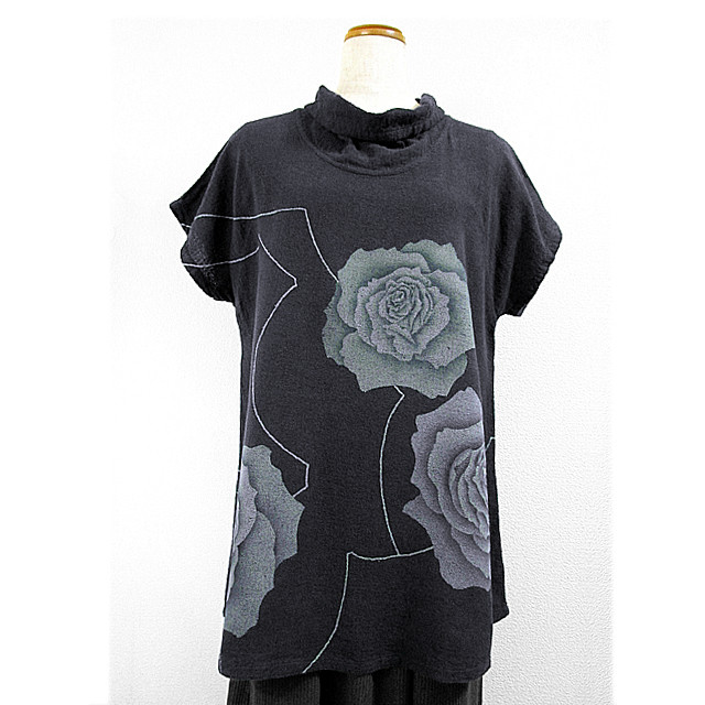 半袖コットンチュニック（薔薇の花）（一重ガーゼ生地）（青紫色）