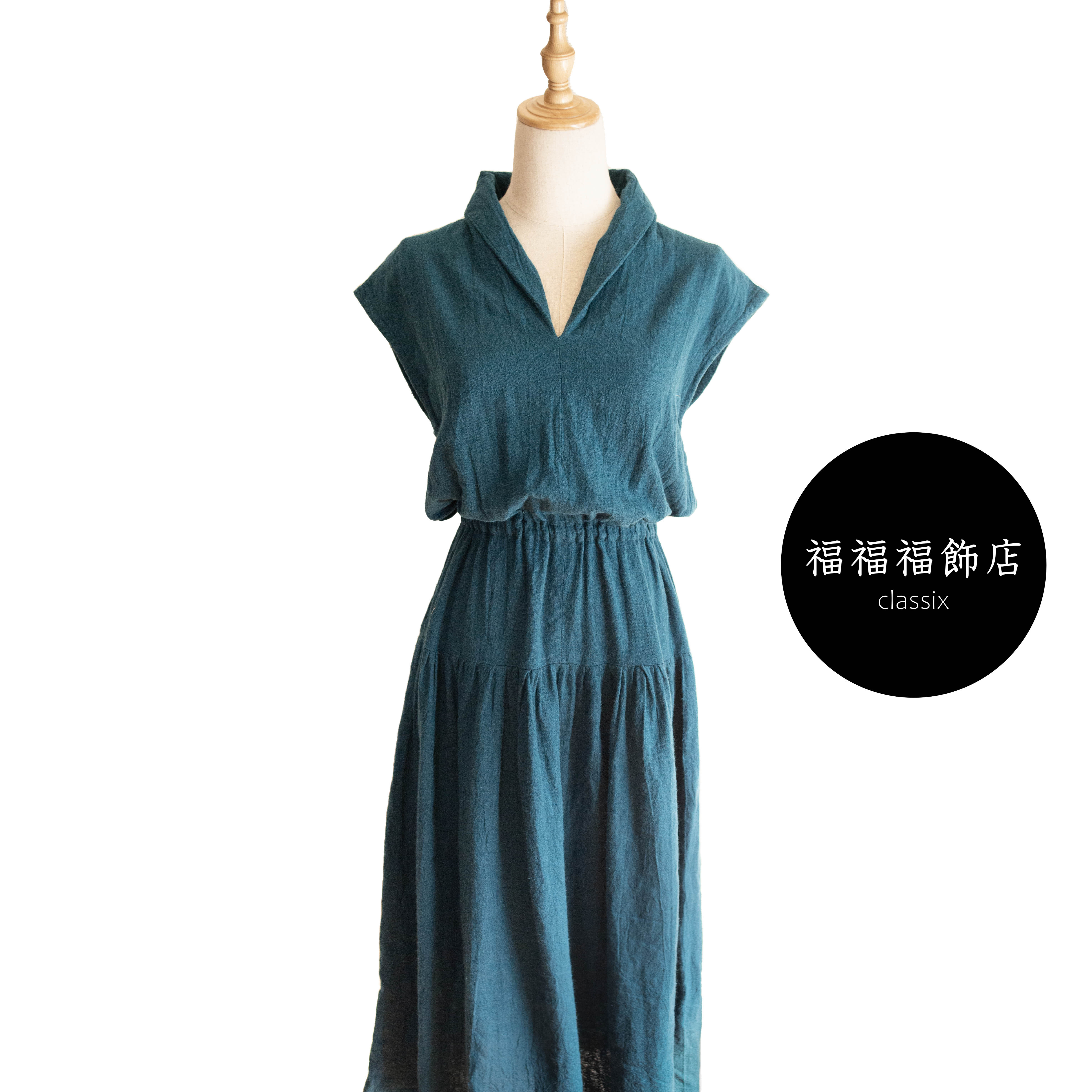 人気定番【大人のリネンワンピース】ウエストゴムオーダー無料　ピーコックブルー