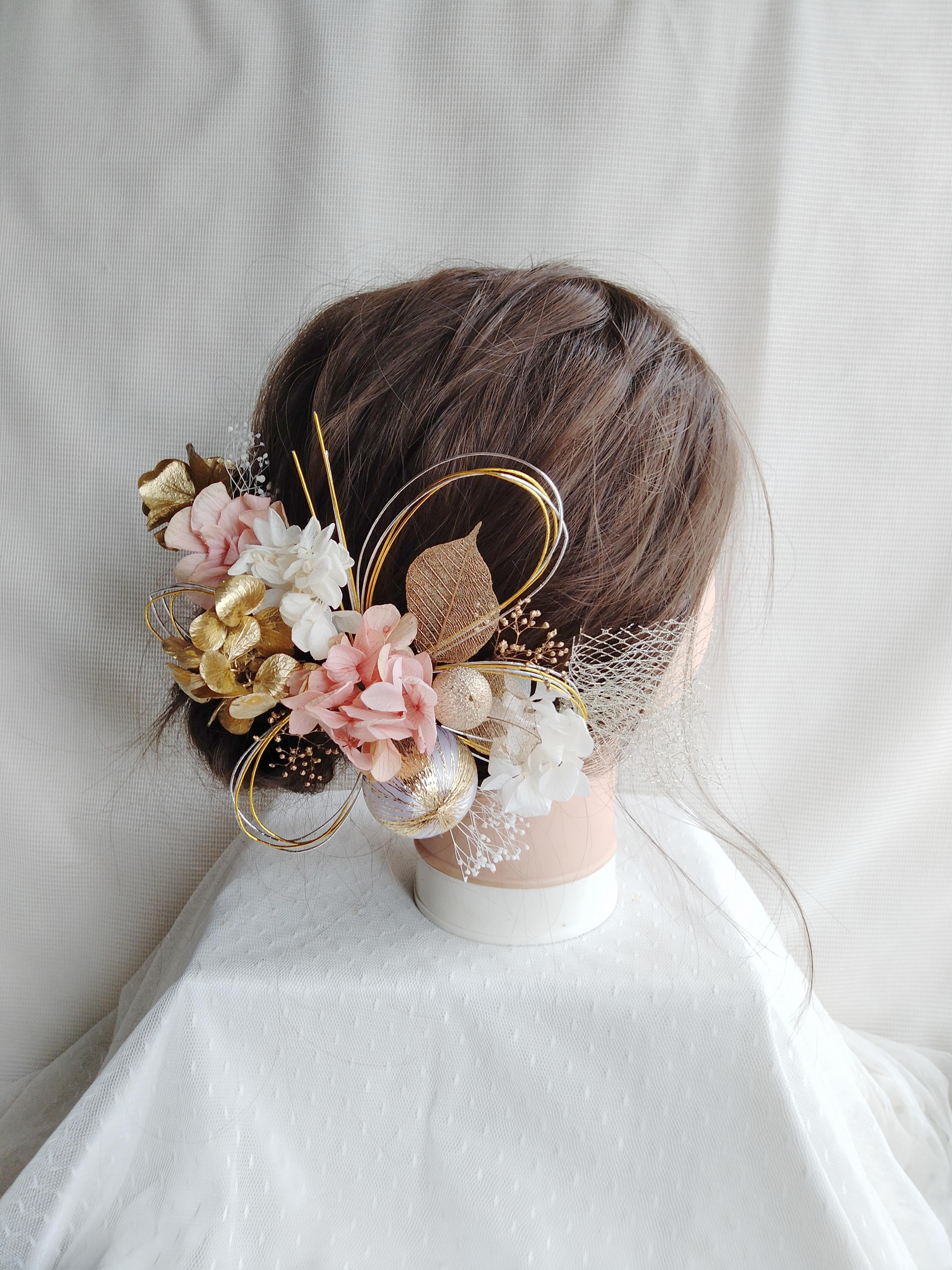 水引と和玉の三色の髪飾り　卒業式　成人式　結婚式　ドライフラワー　プリザーブドフラワー