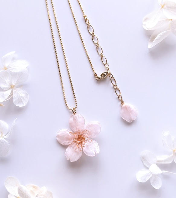 【受注制作】Everpink. 本物のお花　厳選花で仕上げる桜と花びらのネックレス/ロングネックレス/ペンダント 3枚目の画像