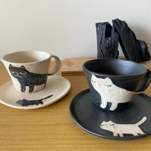 オーダー制作】ねこのカップ&ソーサーセット○黒猫閉じ目