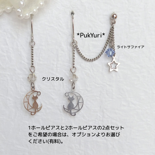 猫とスワロの2ホールピアス/2連ピアス/ノンホールピアス