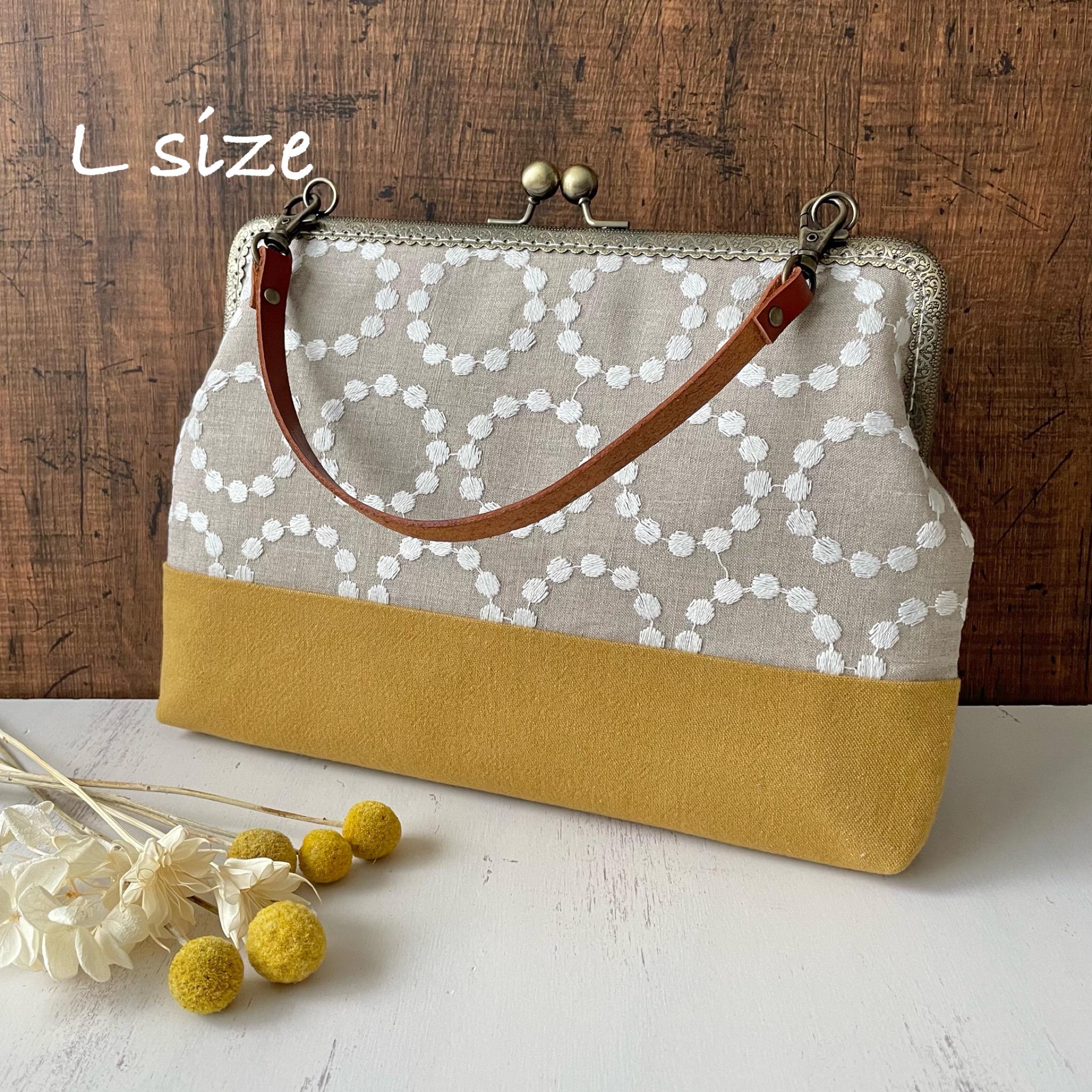 Lサイズ A5 がま口 母子手帳ケース 大容量 リネン  タンバリン 刺繍 マスタード 7,600円