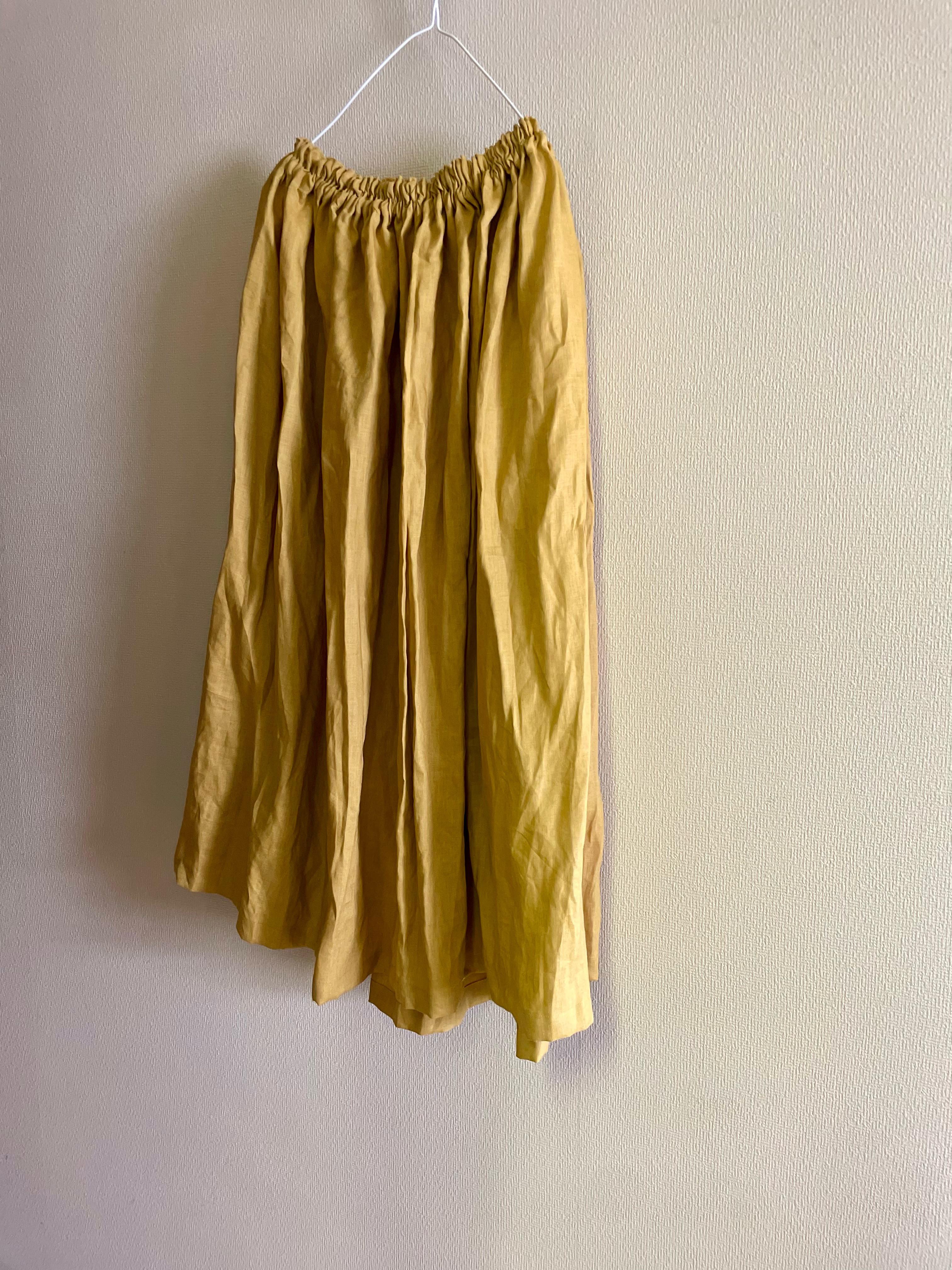 即発送！リネン100% ギャザーマキシスカート マスタード