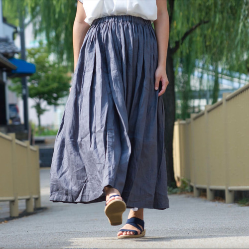 A17427 美品 Y's リネンギャザーロングスカート インディゴブルー 1 A17427 美品 Y´s リネンギャザーロングスカート インディゴブルー 1