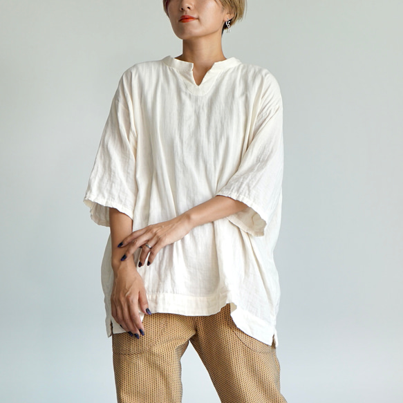 キーネックガーゼTシャツ/生成り/知多木綿 ダブルガーゼ Tシャツ