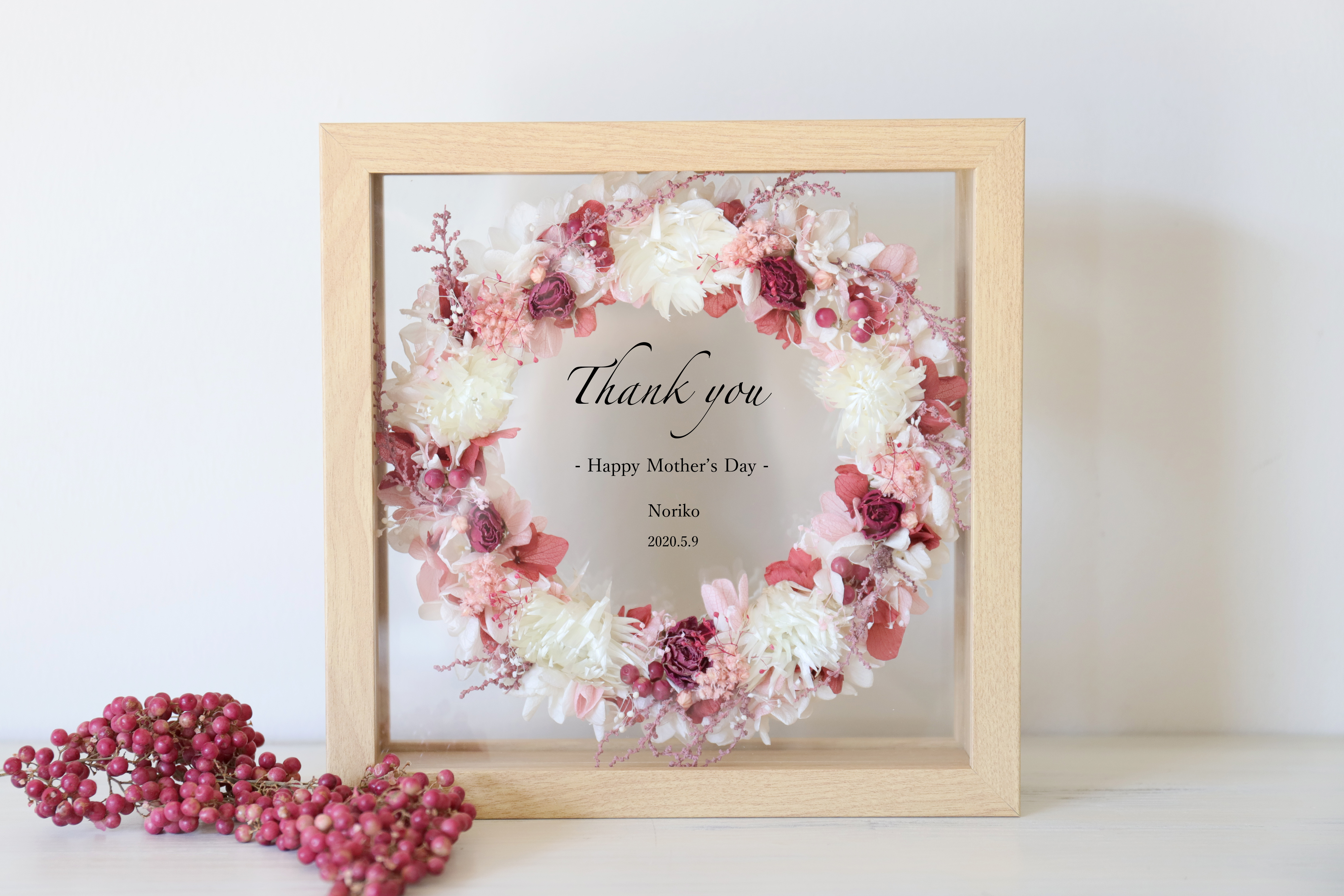 【母の日・両親贈呈品・結婚祝い・子育て感謝状】ウッドガラスフレーム（スクエア）ホワイトxローズ #468