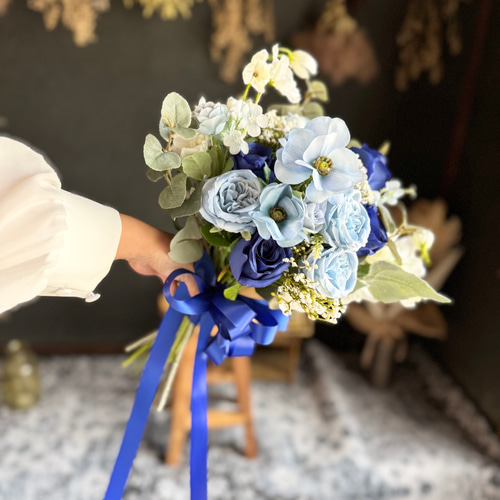 送料無料】ブルー×ホワイトクラッチブーケ☆ブートニア ブーケ