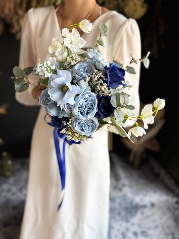 送料無料】ブルー×ホワイトクラッチブーケ☆ブートニア ブーケ