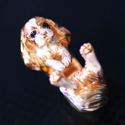 抱っこポーズのキャバリアリング【国内送料無料】大きな瞳と垂れ耳飾り毛のキャバリア犬を可愛いポーズの指輪にしました 6枚目の画像
