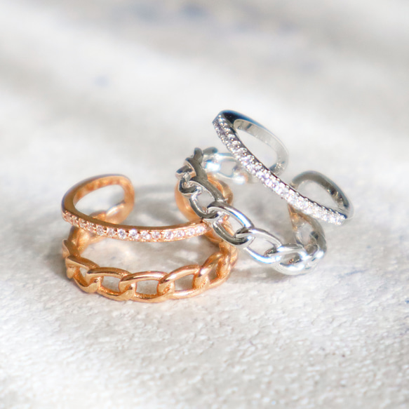 リング 指輪 2連 フリーサイズ クォーターエタニティ ストーン 合金