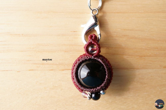 モリオン(黒水晶) -財布やポーチにしまえるお守り石キーホルダー - wine-red - 1枚目の画像