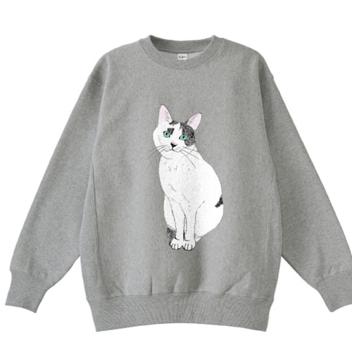 てん おすわり トレーナー スウェット 猫 白黒猫 ねこ ゆるめ メンズ